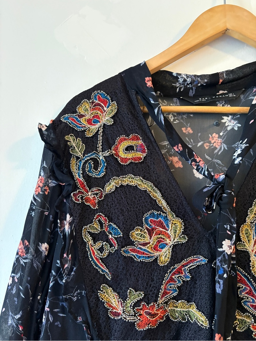 Zara Black Floral Long Sleeve Maxi Dress -Size Large Boho Romantic Dark Floral - Picture 4 of 10